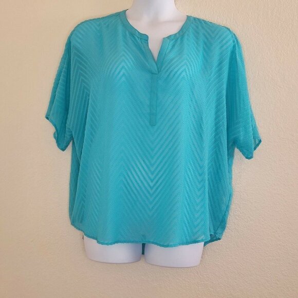 Chico's Teal Blue Chevron Sheer Chiffon Short Sleeve Blouse Size 3 / XL - Picture 3 of 10